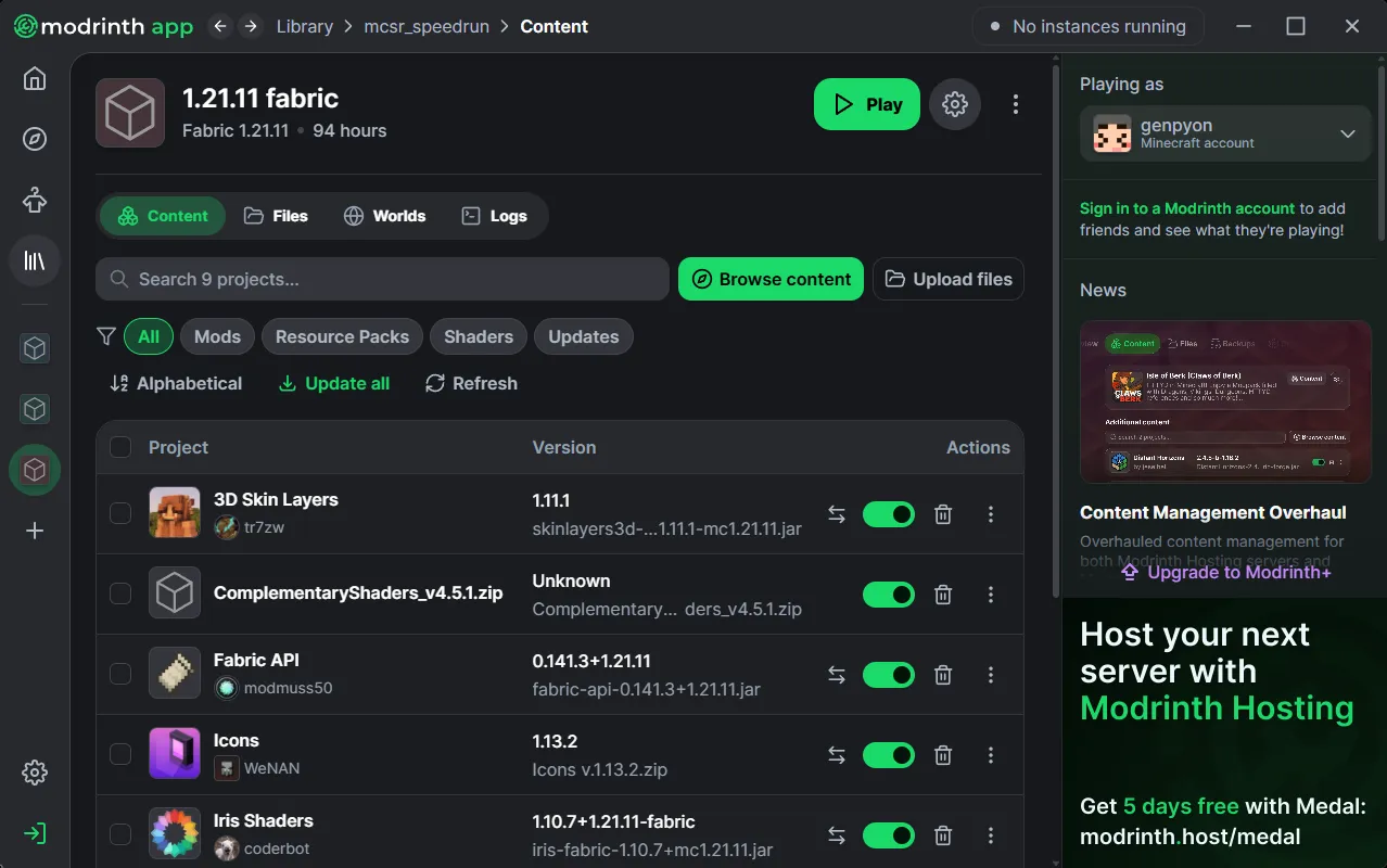 Modrinth Appのホーム画面。インスタンス一覧が表示されている全体像