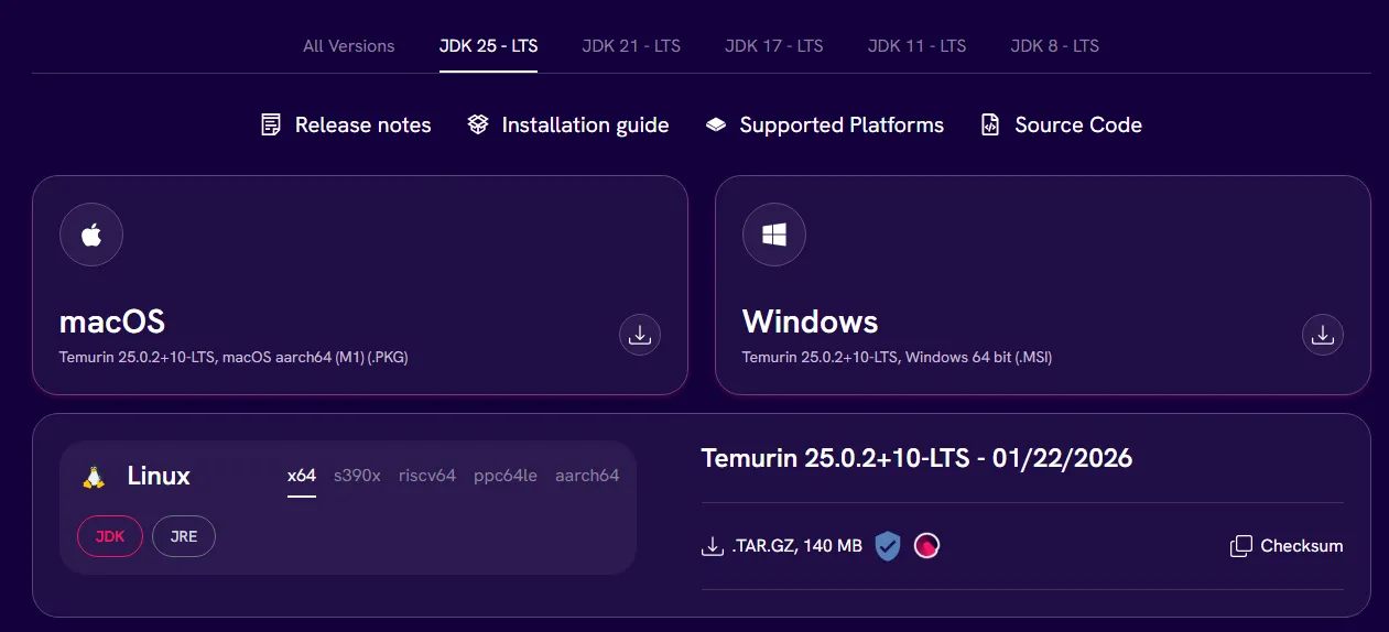 Adoptiumダウンロード画面