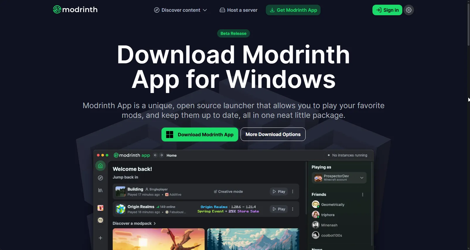 Modrinth App 公式サイトのダウンロードページ。OS選択ボタンが並んでいる画面