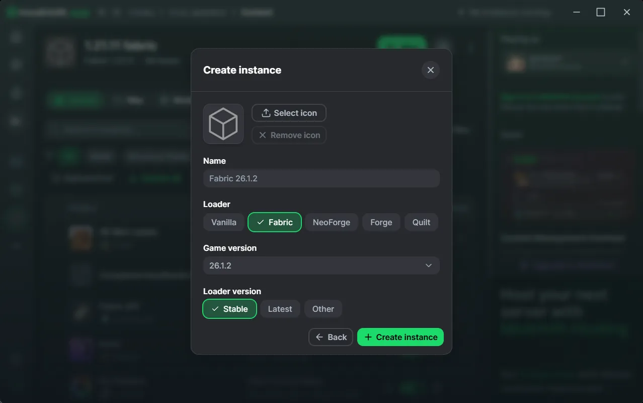 Create instance画面。名前入力欄、Game versionドロップダウン、LoaderでFabricが選択されている状態