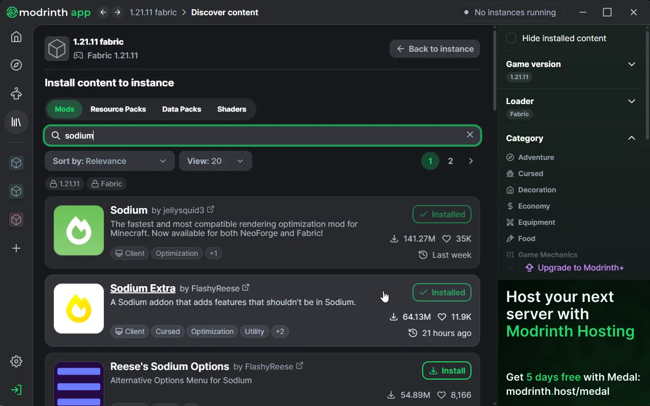 Contentタブ内のMOD検索画面。検索バーに「Sodium」と入力し、検索結果にInstallボタンが表示されている