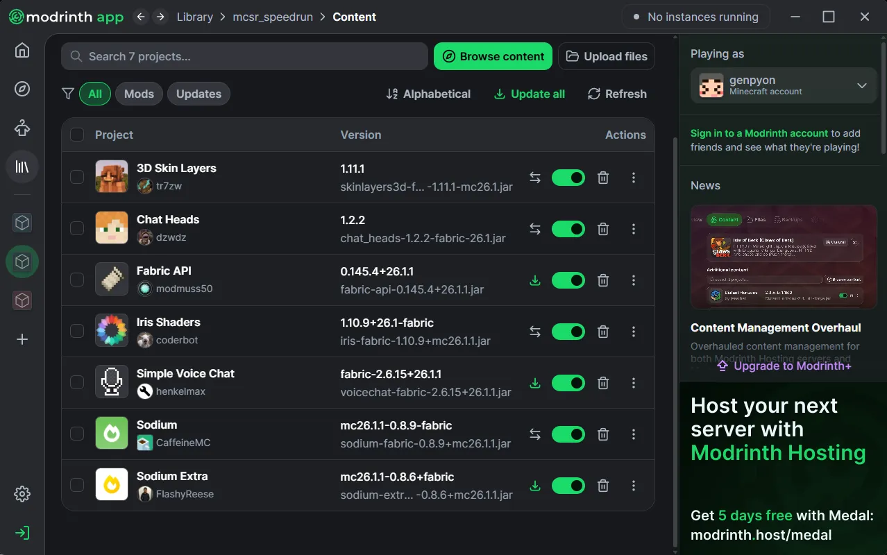 MODを複数インストール済みのContentタブ。Sodium, Lithium, Iris等が並んでいる状態