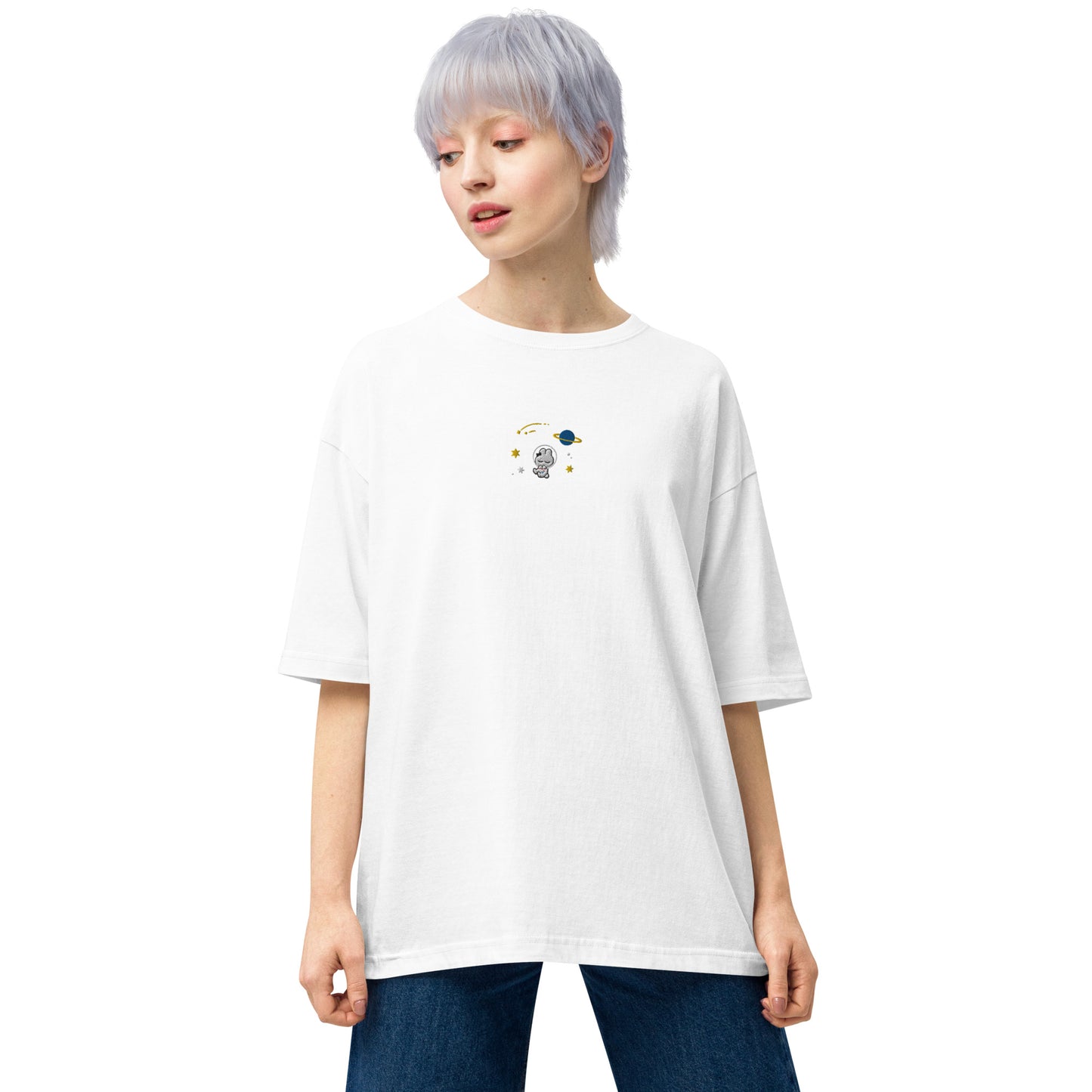 宇宙うさぎ オーバーサイズ 刺繍T-SHIRT / WHITE